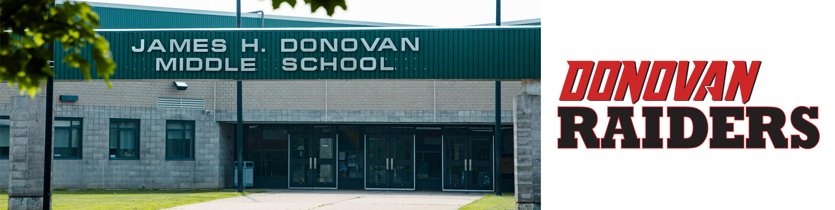 Foto del edificio de la escuela Donovan y el logotipo de los Donovan Raiders