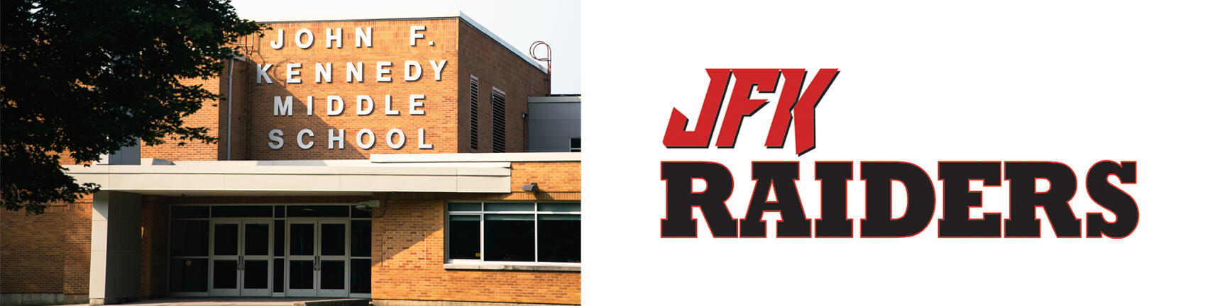 Foto del edificio de la escuela JFK y el logotipo de los JFK Raiders
